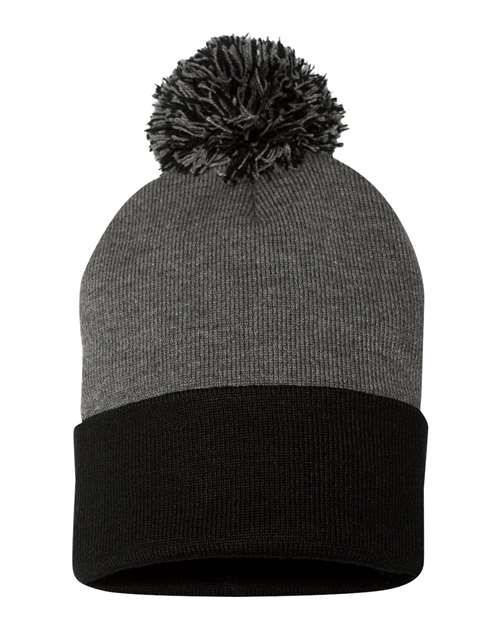 Sportsman SP15 12" Pom-Pom Cuffed Beanie - Dark Heather Grey/ Black - back