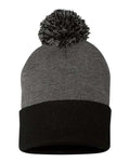 Sportsman SP15 12" Pom-Pom Cuffed Beanie - Dark Heather Grey/ Black - front