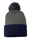 Sportsman SP15 12" Pom-Pom Cuffed Beanie - Dark Heather Grey/ Navy - back