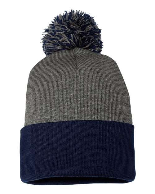 Sportsman SP15 12" Pom-Pom Cuffed Beanie - Dark Heather Grey/ Navy - front