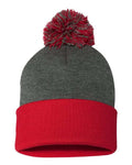 Sportsman SP15 12" Pom-Pom Cuffed Beanie - Dark Heather Grey/ Red - front