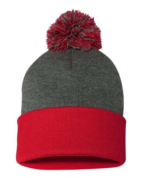 Sportsman SP15 12" Pom-Pom Cuffed Beanie - Dark Heather Grey/ Red - front