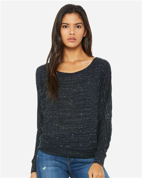BELLA + CANVAS 8850 Women’s Flowy Off Shoulder Long Sleeve Tee - Black Marble - model front