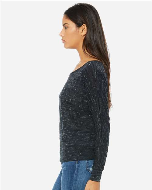 BELLA + CANVAS 8850 Women’s Flowy Off Shoulder Long Sleeve Tee - Black Marble - model side