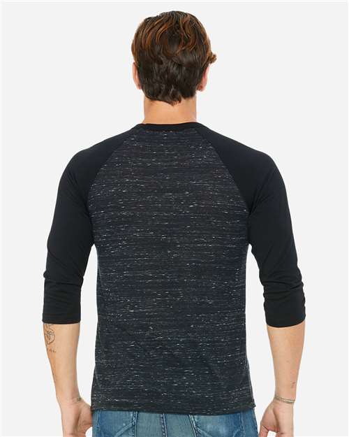 BELLA + CANVAS 3200 Unisex Three-Quarter Sleeve Baseball Tee - Black Marble/ Black - model back