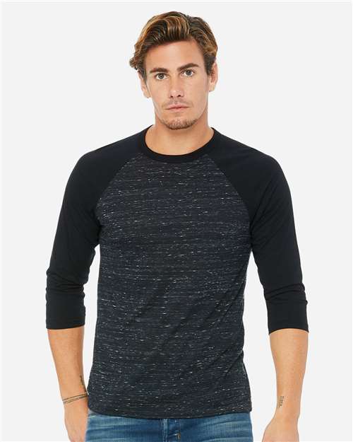 BELLA + CANVAS 3200 Unisex Three-Quarter Sleeve Baseball Tee - Black Marble/ Black - model front