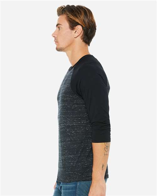 BELLA + CANVAS 3200 Unisex Three-Quarter Sleeve Baseball Tee - Black Marble/ Black - model side