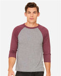 BELLA + CANVAS 3200 Unisex Three-Quarter Sleeve Baseball Tee - Grey/ Maroon Triblend - model front