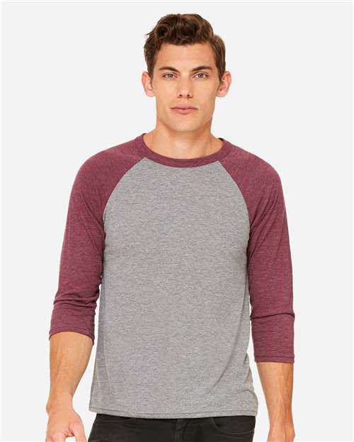 BELLA + CANVAS 3200 Unisex Three-Quarter Sleeve Baseball Tee - Grey/ Maroon Triblend - model front