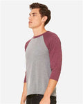 BELLA + CANVAS 3200 Unisex Three-Quarter Sleeve Baseball Tee - Grey/ Maroon Triblend - model side