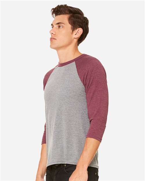 BELLA + CANVAS 3200 Unisex Three-Quarter Sleeve Baseball Tee - Grey/ Maroon Triblend - model side