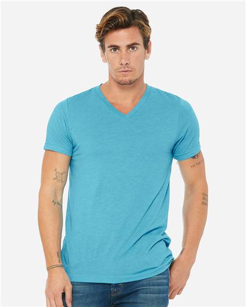 Bella + Canvas 3415 Triblend V-Neck Tee - Aqua Triblend - model front
