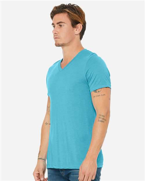 Bella + Canvas 3415 Triblend V-Neck Tee - Aqua Triblend - model side