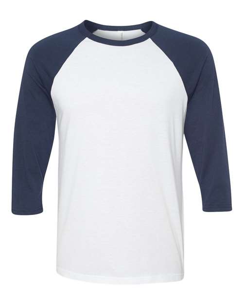 BELLA + CANVAS 3200 Unisex Three-Quarter Sleeve Baseball Tee - White/ Navy - front