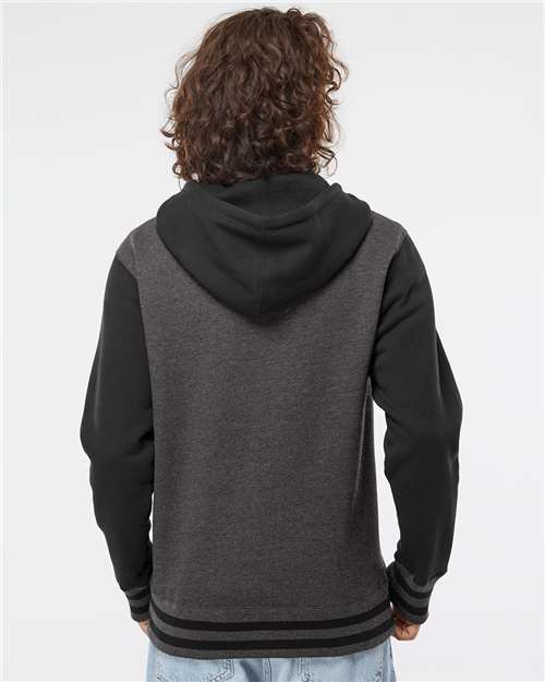 Independent Trading Co. IND45UVZ Unisex Heavyweight Varsity Full-Zip Hooded Sweatshirt - Charcoal Heather/ Black - model back