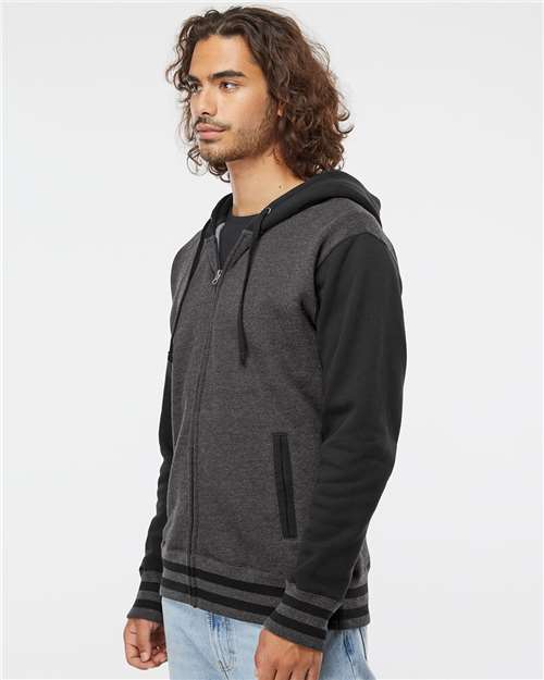 Independent Trading Co. IND45UVZ Unisex Heavyweight Varsity Full-Zip Hooded Sweatshirt - Charcoal Heather/ Black - model side