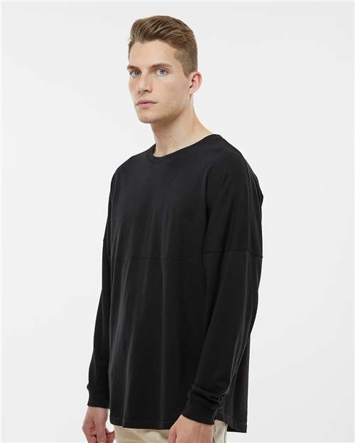 J. America 8229 Unisex Game Day Jersey Long Sleeve T-Shirt - Black - model side