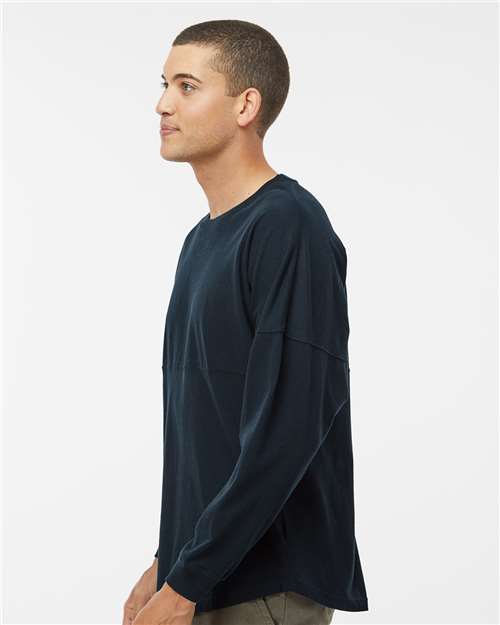 J. America 8229 Unisex Game Day Jersey Long Sleeve T-Shirt - Navy - model side