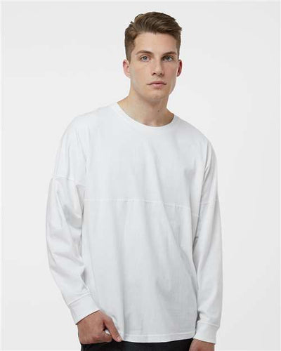 J. America 8229 Unisex Game Day Jersey Long Sleeve T-Shirt - White - model front