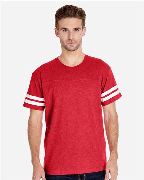 LAT 6937 Unisex Football Fine Jersey Tee - Vintage Red/ White - model front