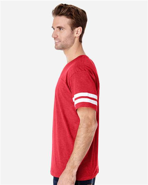 LAT 6937 Unisex Football Fine Jersey Tee - Vintage Red/ White - model side