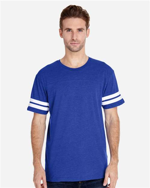 LAT 6937 Unisex Football Fine Jersey Tee - Vintage Royal/ White - model front
