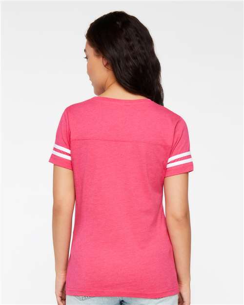 LAT 3537 Women's Football V-Neck Fine Jersey Tee - Vintage Hot Pink/ White - model back