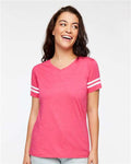 LAT 3537 Women's Football V-Neck Fine Jersey Tee - Vintage Hot Pink/ White - model front