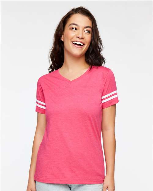 LAT 3537 Women's Football V-Neck Fine Jersey Tee - Vintage Hot Pink/ White - model front