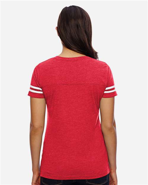 LAT 3537 Women's Football V-Neck Fine Jersey Tee - Vintage Red/ White - model back