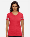 LAT 3537 Women's Football V-Neck Fine Jersey Tee - Vintage Red/ White - model front