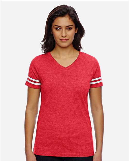 LAT 3537 Women's Football V-Neck Fine Jersey Tee - Vintage Red/ White - model front