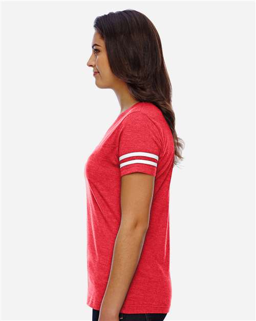LAT 3537 Women's Football V-Neck Fine Jersey Tee - Vintage Red/ White - model side
