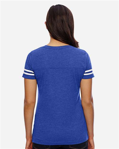 LAT 3537 Women's Football V-Neck Fine Jersey Tee - Vintage Royal/ White - model back
