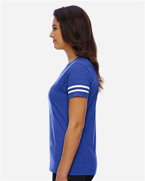 LAT 3537 Women's Football V-Neck Fine Jersey Tee - Vintage Royal/ White - model side