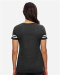 LAT 3537 Women's Football V-Neck Fine Jersey Tee - Vintage Smoke/ White - model back