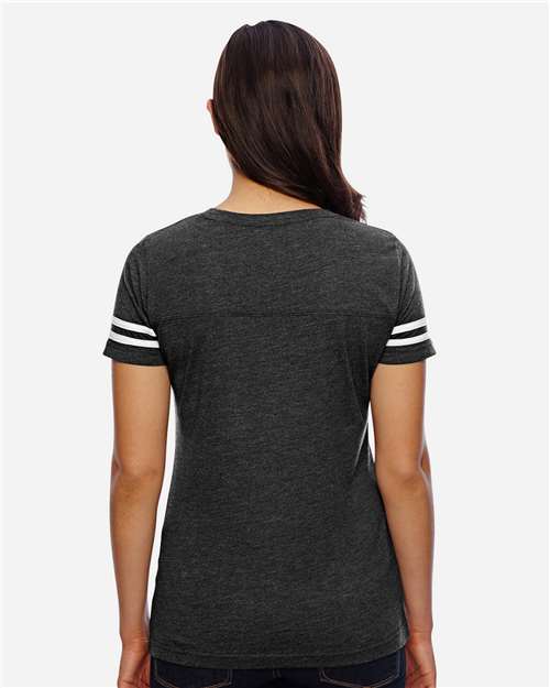 LAT 3537 Women's Football V-Neck Fine Jersey Tee - Vintage Smoke/ White - model back