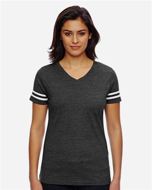 LAT 3537 Women's Football V-Neck Fine Jersey Tee - Vintage Smoke/ White - model front