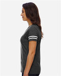 LAT 3537 Women's Football V-Neck Fine Jersey Tee - Vintage Smoke/ White - model side