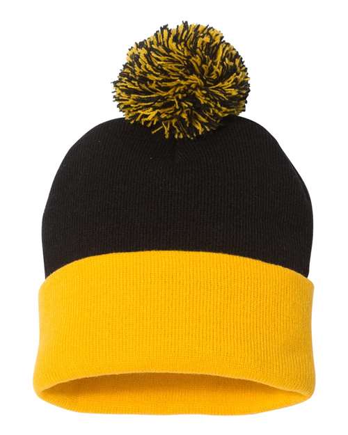 Sportsman SP15 12" Pom-Pom Cuffed Beanie - Black/ Gold - back
