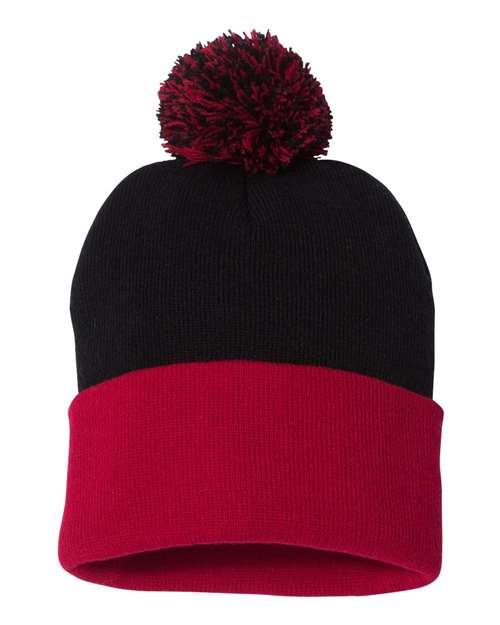 Sportsman SP15 12" Pom-Pom Cuffed Beanie - Black/ Red - front