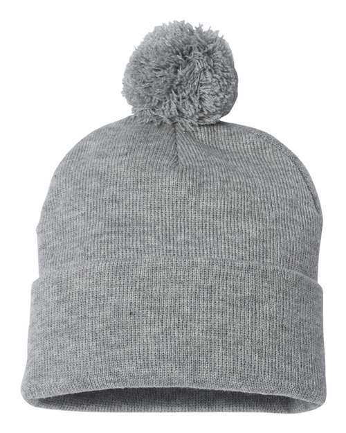 Sportsman SP15 12" Pom-Pom Cuffed Beanie - Light Heather Grey - back