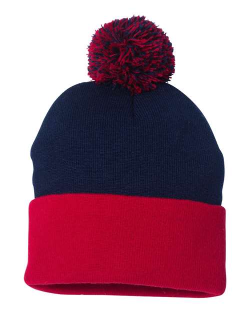 Sportsman SP15 12" Pom-Pom Cuffed Beanie - Navy/ Red - back