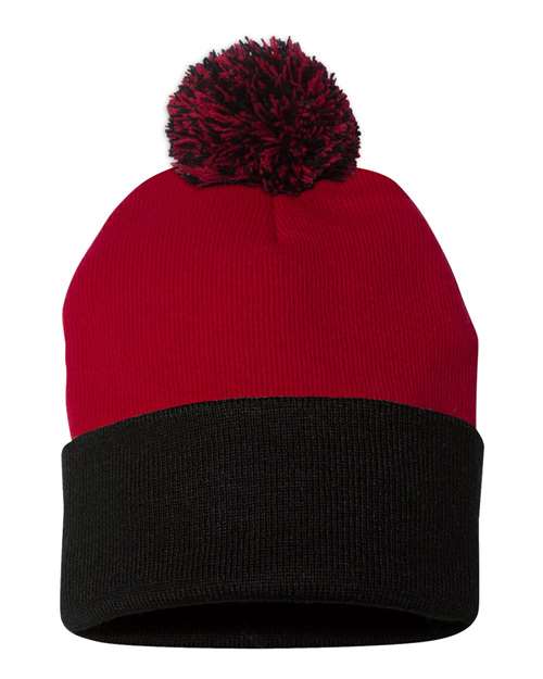 Sportsman SP15 12" Pom-Pom Cuffed Beanie - Red/ Black - back
