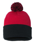 Sportsman SP15 12" Pom-Pom Cuffed Beanie - Red/ Black - front