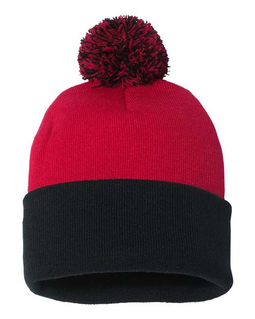 Sportsman SP15 12" Pom-Pom Cuffed Beanie - Red/ Black - front