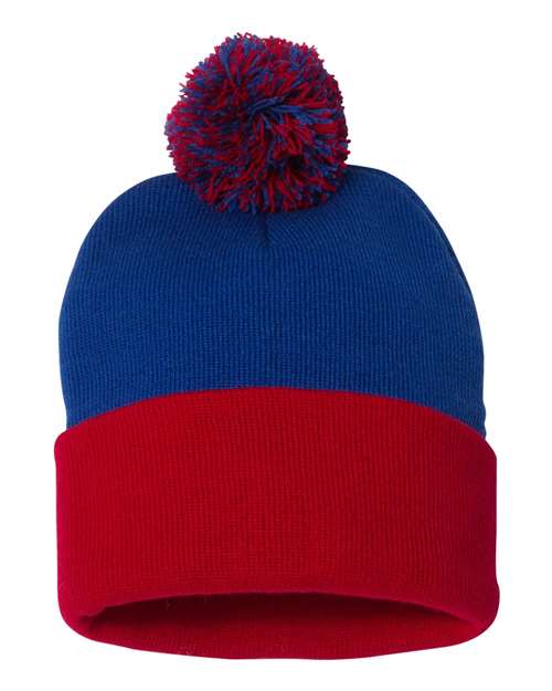 Sportsman SP15 12" Pom-Pom Cuffed Beanie - Royal/ Red - front