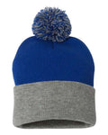 Sportsman SP15 12" Pom-Pom Cuffed Beanie - Royal/ Light Heather Grey - back