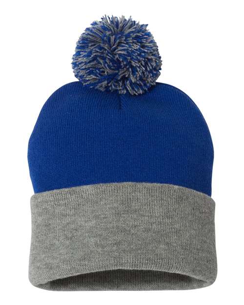 Sportsman SP15 12" Pom-Pom Cuffed Beanie - Royal/ Light Heather Grey - back