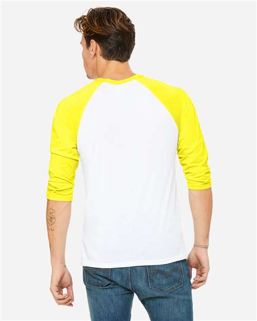BELLA + CANVAS 3200 Unisex Three-Quarter Sleeve Baseball Tee - White/ Neon Yellow - model back
